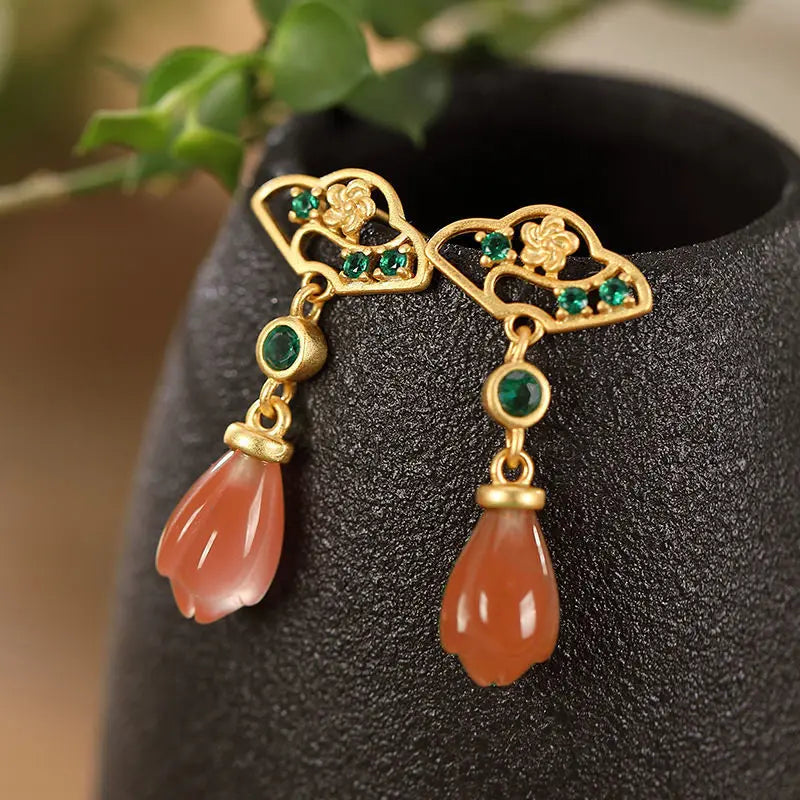 Original S925 Sterling Silver Inlaid Natural South Red Agate Generous and Upscale Simple and Elegant Earrings Classical Eardrops