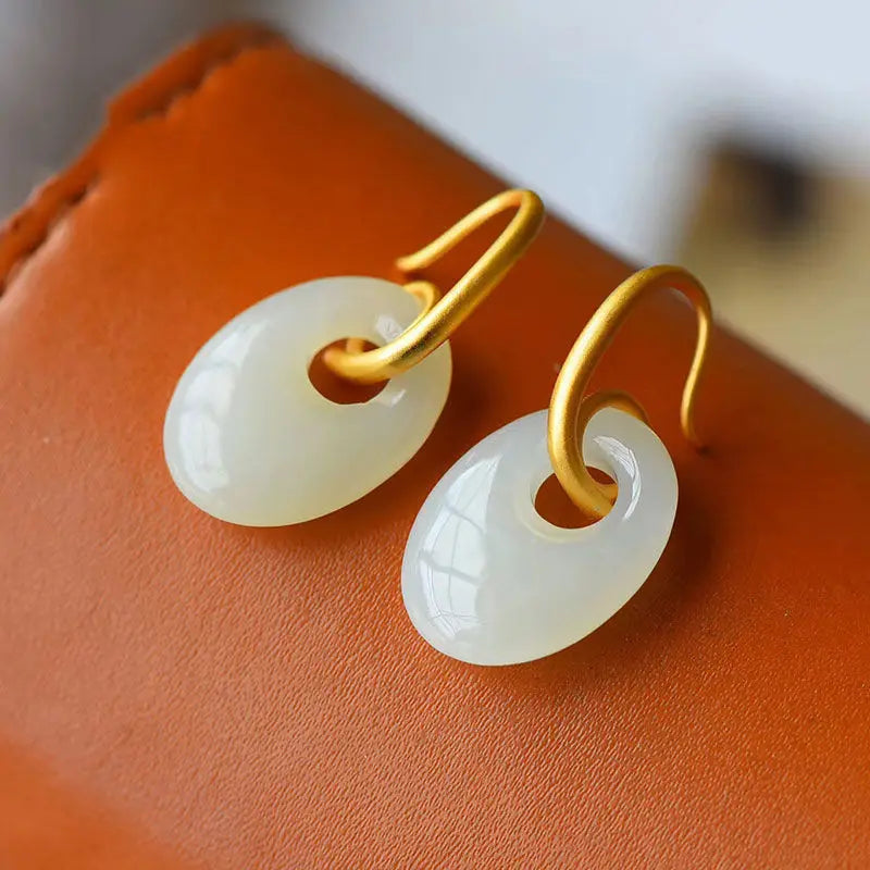 Natural Hetian Jade Safety Buckle Earrings Post-Modern French Style Earrings S925 Sterling Silver Gold Plated Anti-Allergy