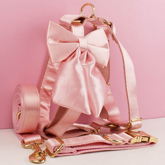 Custom ID Pink Dog Collar Harness Bow Set