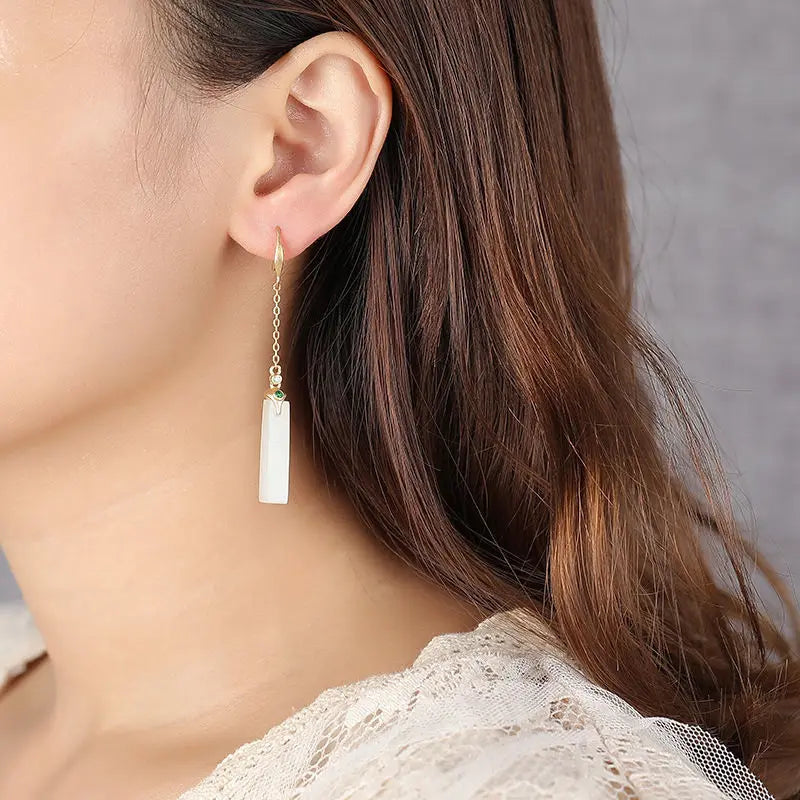 Natural Hetian White Jade S925 Sterling Silver Earrings Small Simple Graceful Antique Design Artistic Special-Interest Earrings