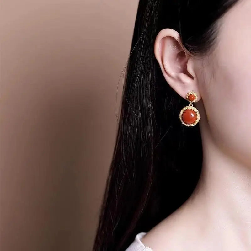 S925 Sterling Silver Inlaid Hetian Jade South Red round Fashion Baroque Frosted Gold Women's Ear Clips Earrings New