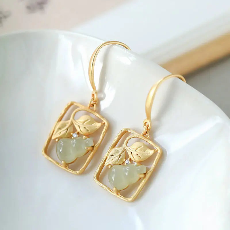 Original S925 Sterling Silver Gold Plated Hetian Jade Gray Jade Ancient Style Chinese Classical Gourd Elegant Earrings for Women