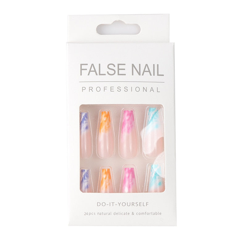 24pcs Gradient Wearing Fake Nails Long Ballet Nail With Glue Coffin Press On Acrylic False Nails Full Cover Artificial Manicure