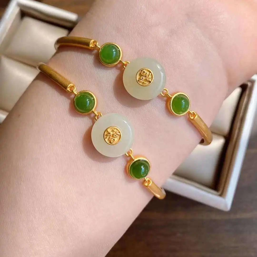 Natural Hetian Jade Safety Buckle Bracelet Retro Women's Chinese Style Court Fu Character Bracelet Jewelry Women's Sterling Silv