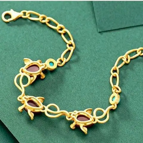Original S925 Sterling Silver Gold Natural South Red Agate Green Goddess with Creative Small Fish Goldfish Ladies Bracelet