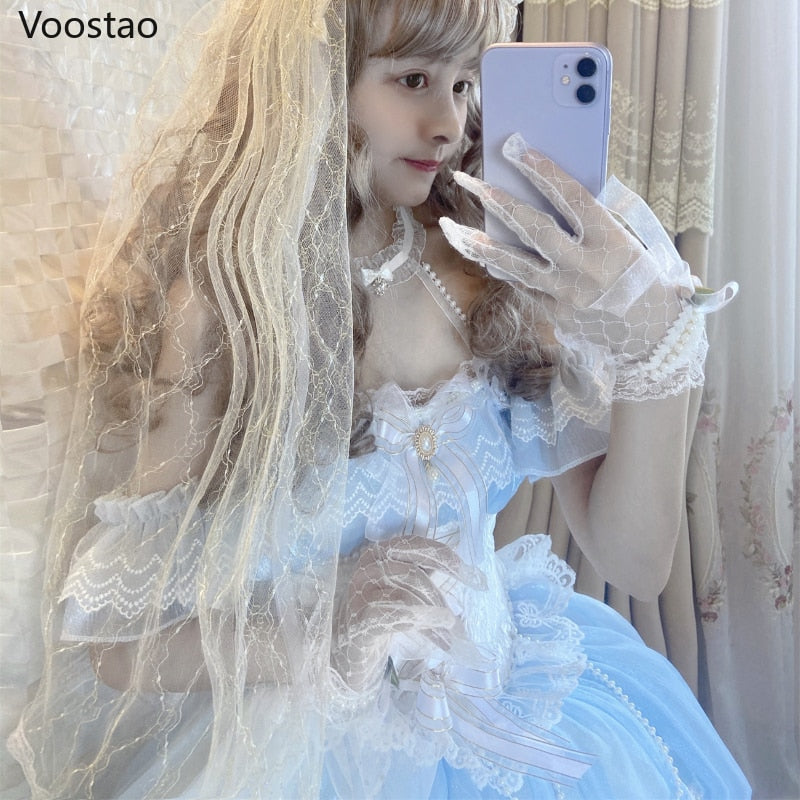 Vintage Victorian Flower Dresses Girly Lace Pearls Mesh Vestidos