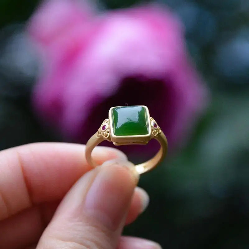 Xichun ''Natural Hetian Jade Green Jade Ring S925 Sterling Silver Gold Inlaid Square Classic Opening Adjustable Ring