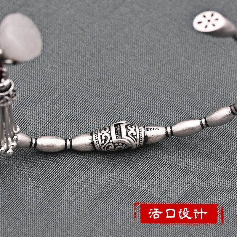 S925 Silver Bracelet for Women Fashion Ornament Solid Open Handmade Silver Vintage Hetian Jade Lotus Root Bracelet Silver