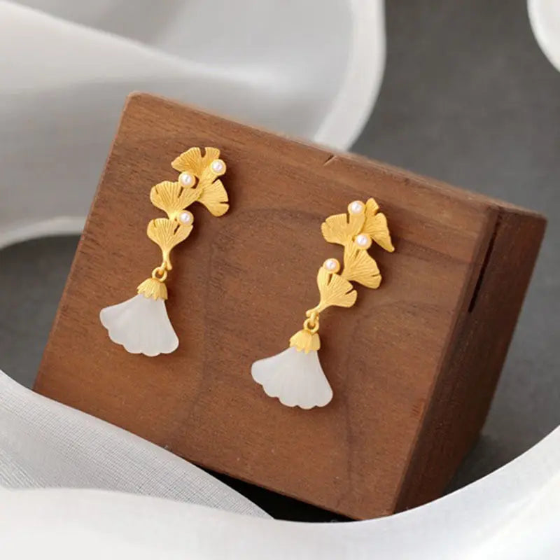 Ginkgo Leaf Vintage Earrings Classical Chinese Style Hetian Jade Earrings Fairy Mori Style Super Fairy Sterling Silver Pearl