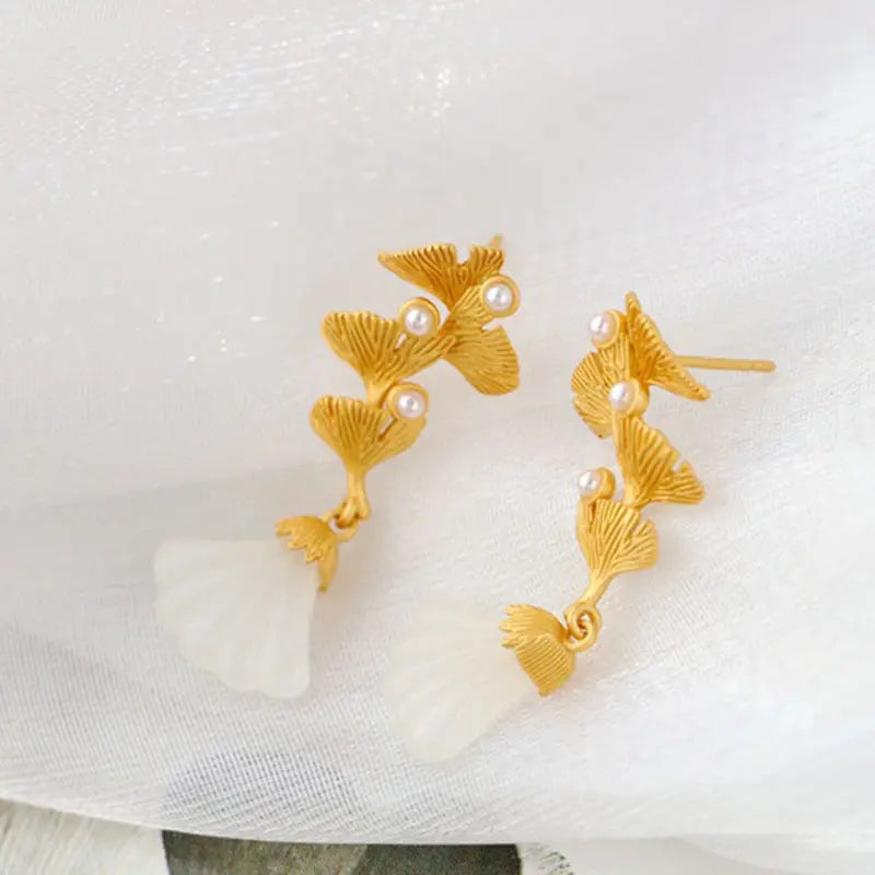 Ginkgo Leaf Vintage Earrings Classical Chinese Style Hetian Jade Earrings Fairy Mori Style Super Fairy Sterling Silver Pearl