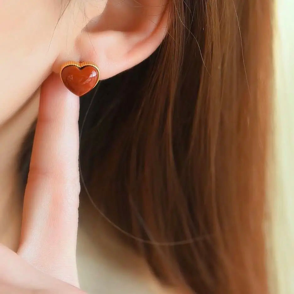 Natural South Red Agate Stud Earrings Female with Hearts S925 Sterling Silver Heart-to-Heart Print Earrings Personalized Eardrop