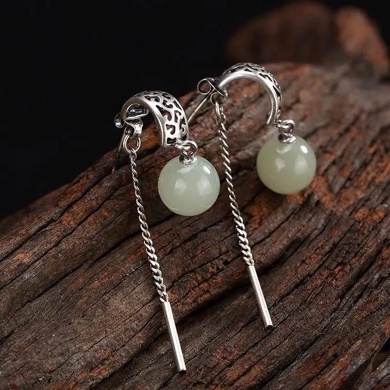 {Lotus Mud Tang} S925 Sterling Silver Inlaid Natural Hetian Jade White Jade round Beads Classical Warm Vintage Earrings Earrings
