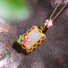Load image into Gallery viewer, S925 Silver Inlaid Hetian White Jade Safety-Blessing Card Pendant All the Way Smooth Peach Blossom Chinese Style Court Ornament
