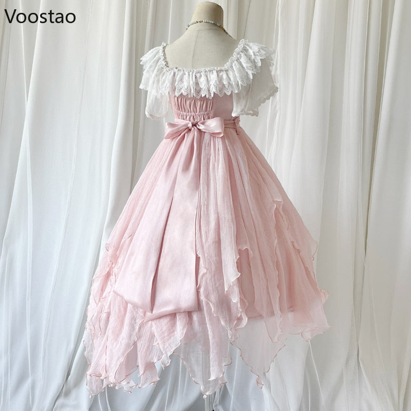 Lolita Princess OP Dress Women Elegant Sweet Rose Lace Pearl Chain Pink