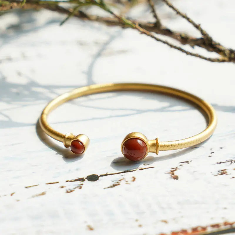 Southern Red Agate Bracelet Women's round Small Exquisite Elegant Sterling Silver Gold Plated Minimalist Style Flexible Open Anc