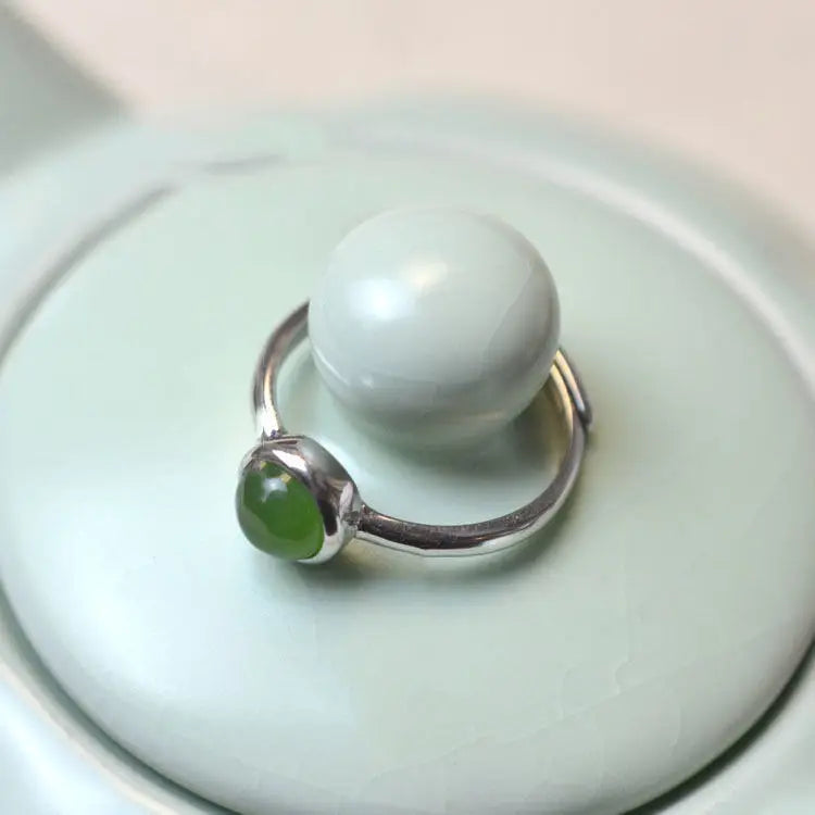 Natural Hetian Jade Ring Women's S925 Sterling Silver Emerald Open Retro Style Jade Ring Gift Ethnic Style