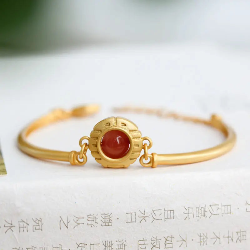 Natural South Red Agate S925 Sterling Silver Bracelet for Women Retro Compact Exquisite round Bracelet Gift for Mother Bracelet