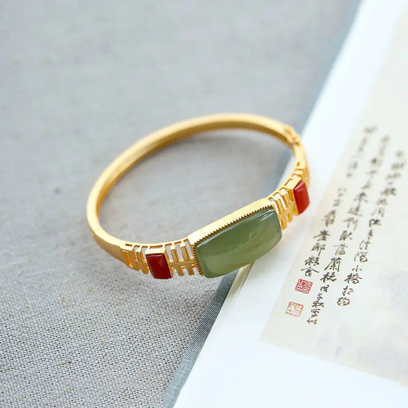 Natural Hetian Jade S925 Sterling Silver Southern Red Agate Bracelet Women's Fashion Personality Retro with Opening Simple