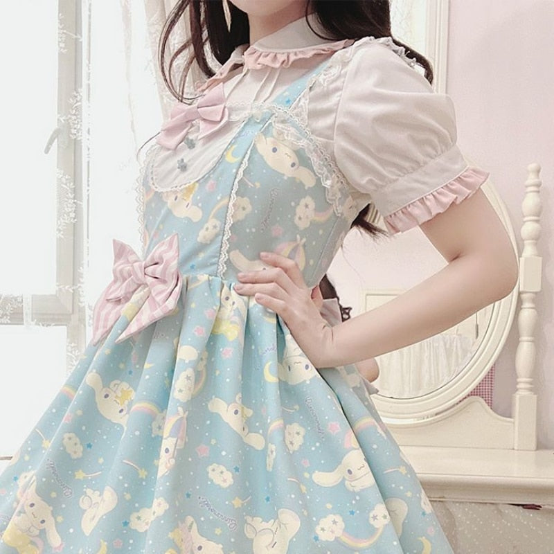 Women's Lolita Dress Sweet Cartoon Print Princess Dresses Girly Cute Bow Lace Party Strap Harajuku Kawaii Y2k Mini Vestidos