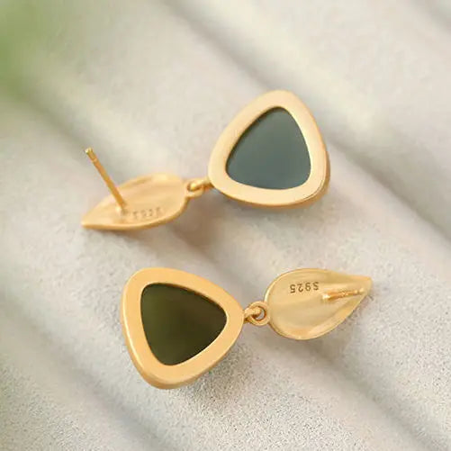 Ancient French Gold Palace Museum New Gray Jade Vintage Earrings Female Temperament Leaves All-Matching Elegant Classical Earri