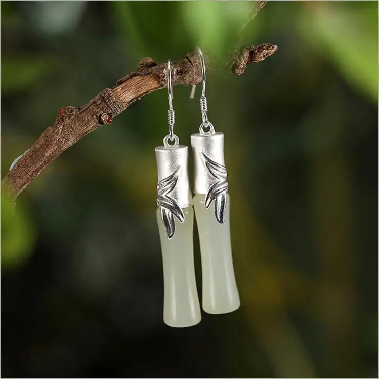 Bamboo Presages Safety Gray Jade Bamboo Earrings 925 Sterling Silver Bamboo Leaf Hetian Jade Bamboo Earrings Han Chinese Clothin