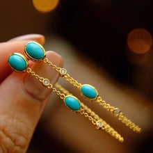 Load image into Gallery viewer, Natural Sleeping Beauty Turquoise Earrings Long Tassel Style S925 Sterling Silver Gold-Plated Stud Earring Exquisite and Versati
