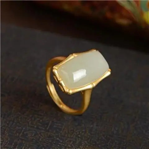 Natural Hetian Jade Geometric Ring S925 Sterling Silver Gold Plated Bamboo White Jade Rectangular Open Ring Fashion Silver