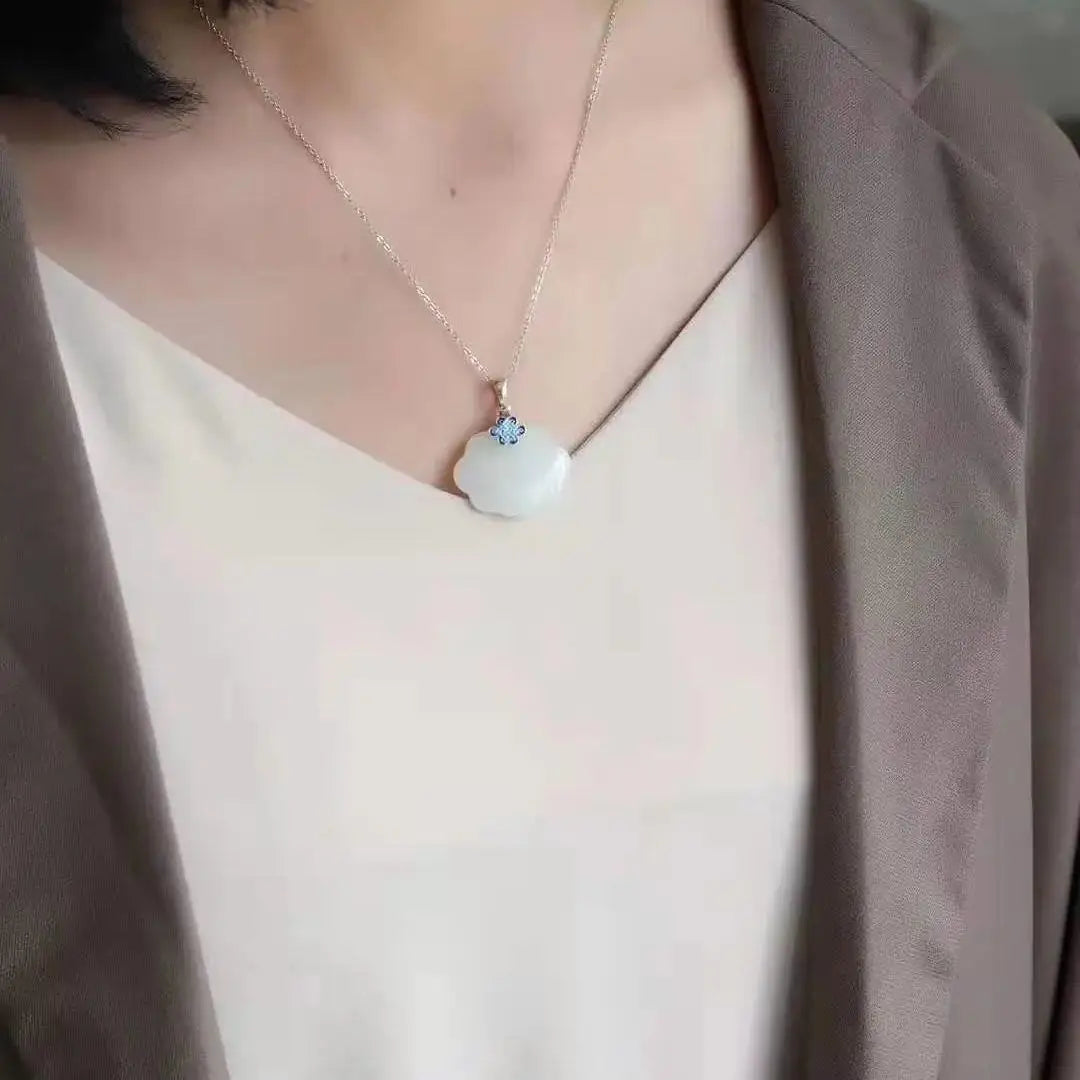 Hetian Jade Necklace Women's Natural S925 Sterling Silver Burnt Blue Chinese Knot Pendant Women's Ruyi Safety Lock Long Life Jad