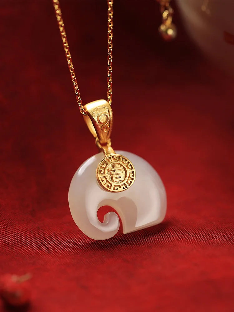 Sterling Silver Ancient Gold Hetian Jade Elephant National Fashion Jade Pendant Retro Style Necklace for Women Summer Light