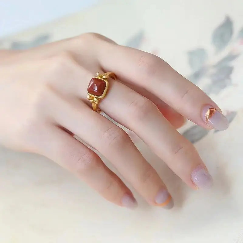 S925 Sterling Silver Natural Hetian Jade Southern Red Agate Square Ring Full Color Full of Meat Frosted Texture Gilding Craft Op