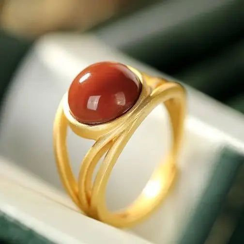 S925 Sterling Silver Gilding Inlaid Southern Red Agate Ring Oval Agate Ring Women's Open Ring Hand Jewelry