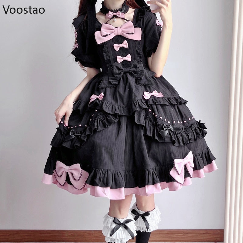 Japanese Sweet Lolita OP Dress Milk Puff Pink Bow Lace Vintage Medieval Victorian Cute Party Mini Dresses Women Kawaii Vestidos