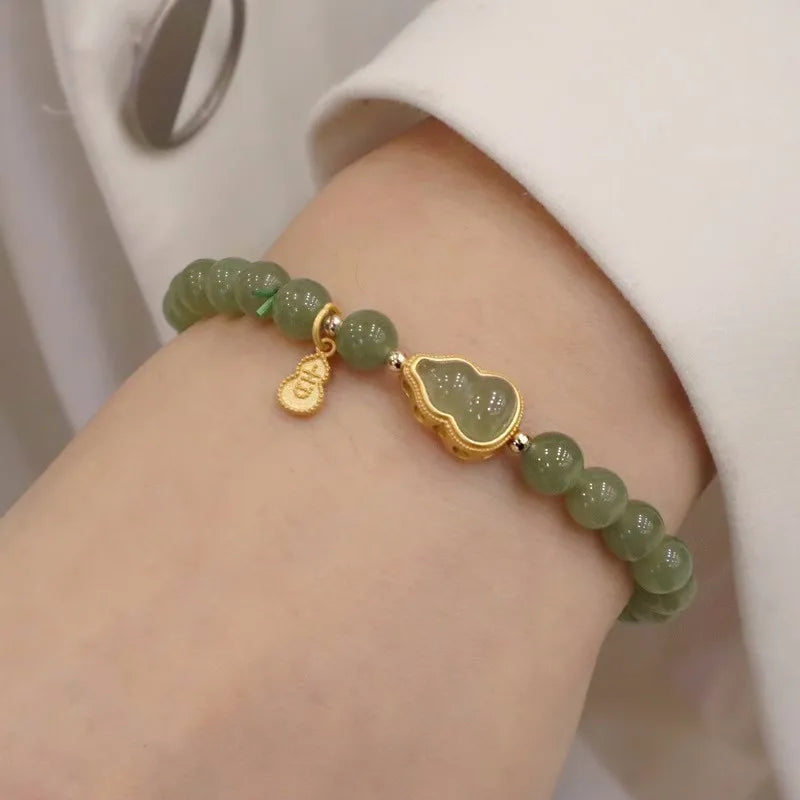 Natural Hetian Jade Beads Bracelet Female Fu Lu Gold Inlaid with Jade Gourd Ancient Style Jade Lucky Beads Bracelet