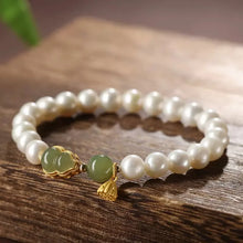 Load image into Gallery viewer, Natural Freshwater Pearl Bracelet Hetian Jade Gray Jade Small Calabash Bracelet 925 Sterling Silver Gold Plated Lotus Root
