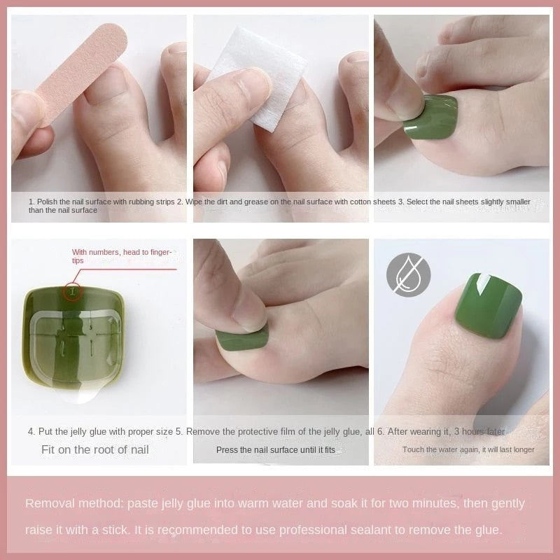 Korean Fake Glitter Nails Short Square Press On Toenails Summer Full Diamond False Toenails FeetNail Stickers Manicure Nail Tips