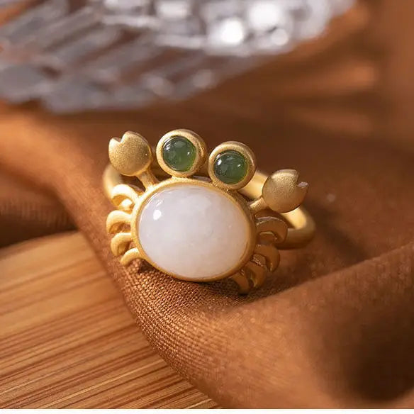 S925 Sterling Silver Natural Hetian Jade Crab Set Women's Fashionable Natural Retro Gold-Plated Crab Open-End Ring for Women
