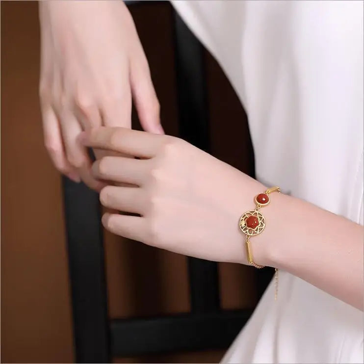 South Red Plum Bracelet Silver Plated Hollow Pattern Agate Stone Bracelet Palace Style Hanfu Exquisite Fashion Bangle