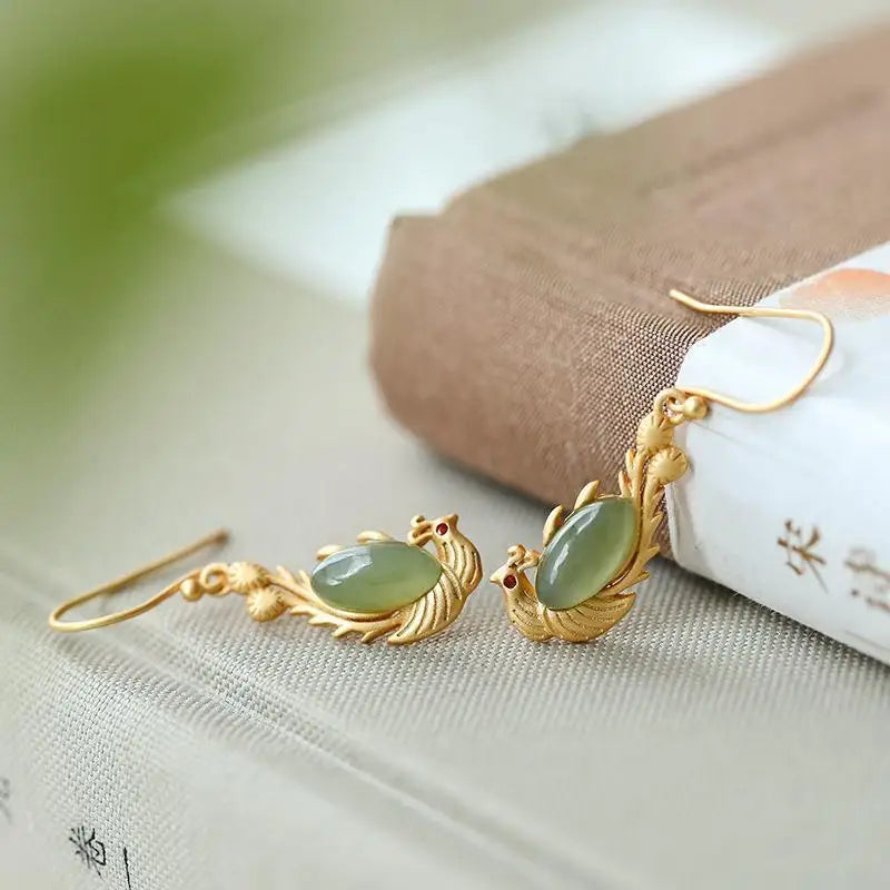 Chinese Style Classical Eardrops Women's S925 Sterling Silver Gilding Hetian Gray Jade Egg Noodle Phoenix Yufei Noble