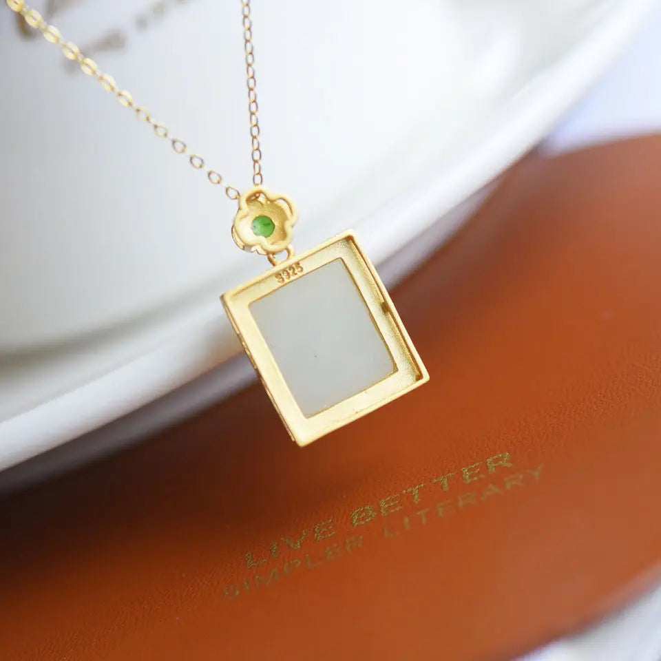 Original Design Lucky Pendant Hetian Square White Jade Pendant S925 Sterling Silver Necklace Women's Simple and High-End Clavicl