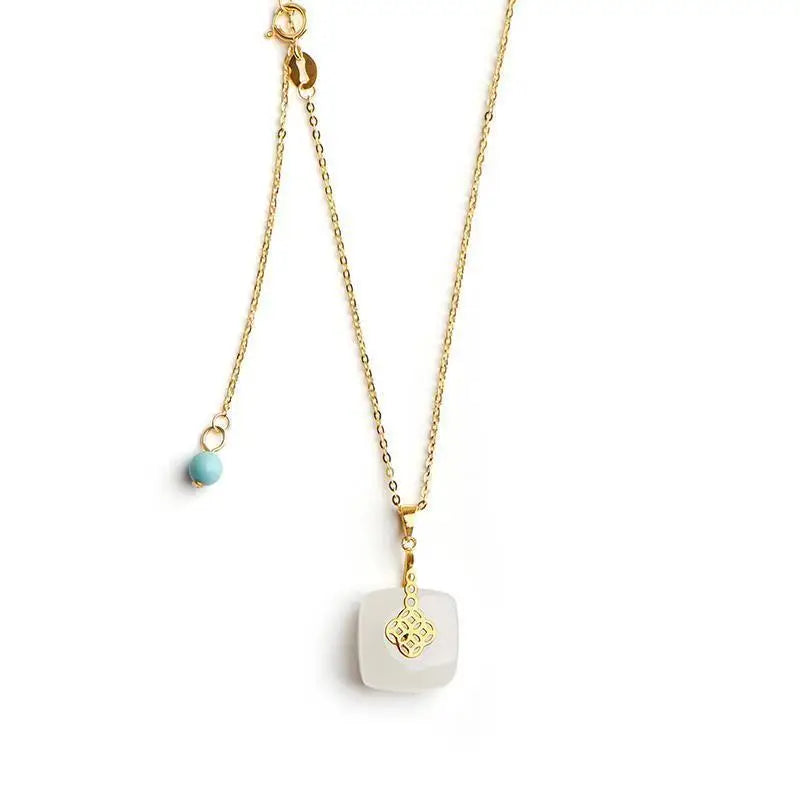 New Original Gilding Craft Necklace Natural Hetian Jade Peace Buckle Turquoise Clavicle Chain Women's Short [Tranquil]