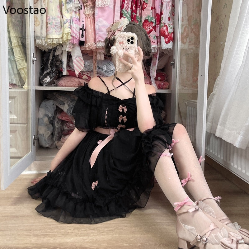Japanese Kawaii Lolita Jsk Dress Women Gothic Elegant Bow Lace Ruffles Princess Party Dresses Girls Sweet Off Shoulder Dress