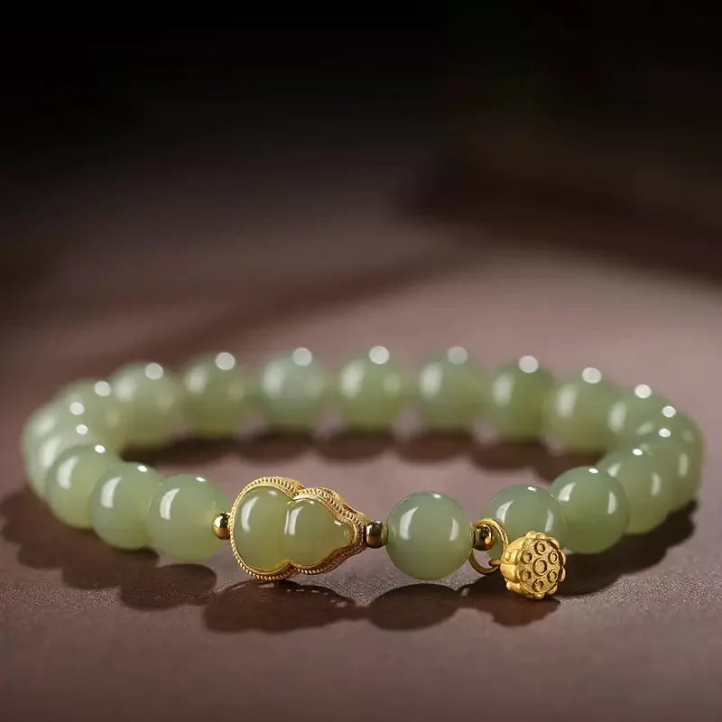 Hetian Jade round Beads Gourd Bracelet 925 Sterling Silver Lotus Root Bracelet Girlfriends Girls Summer Green Jade Jewelry