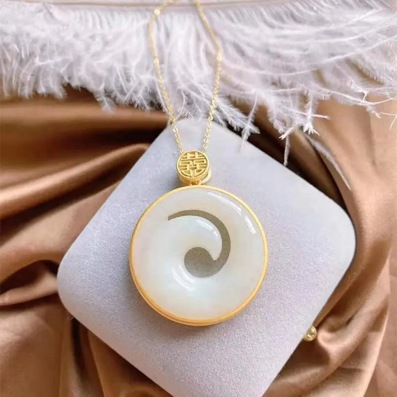 S925 Sterling Silver Inlaid Natural Hetian Yufeng Turn-Back Necklace Pendant Double Happiness Buckle Inlaid Frosted Gold Seiko I