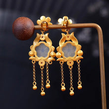Load image into Gallery viewer, Retro Style S925 Sterling Silver Gold-Plated Design Inlaid Natural Hetian Jade Flower Earrings Roasted Blue Pearl Women&#39;s
