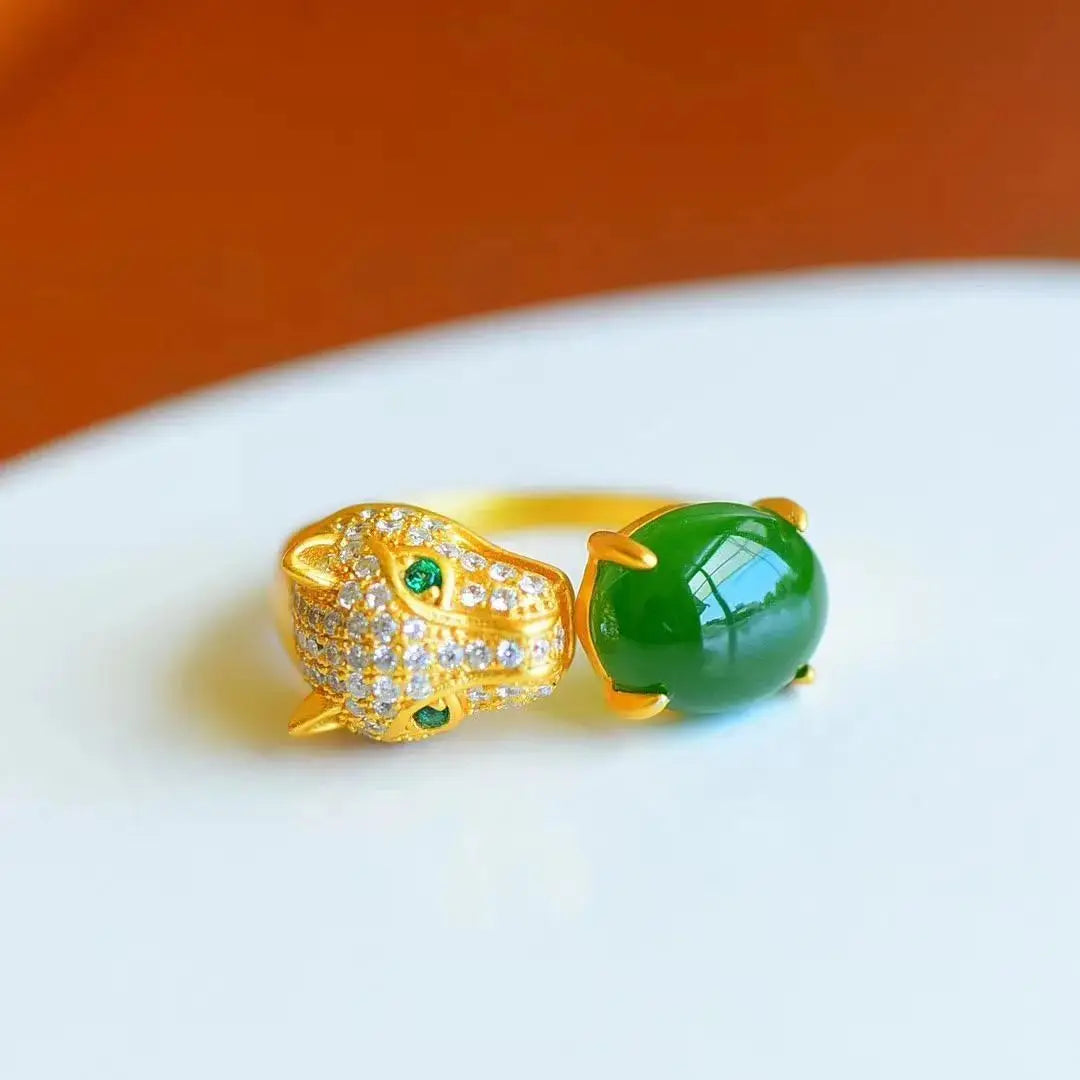 Ancient Style Domineering Leopard Head Ring Novel Unique Fashion Elegant S925 Sterling Silver Inlaid Hetian Jade Green Jade Ring