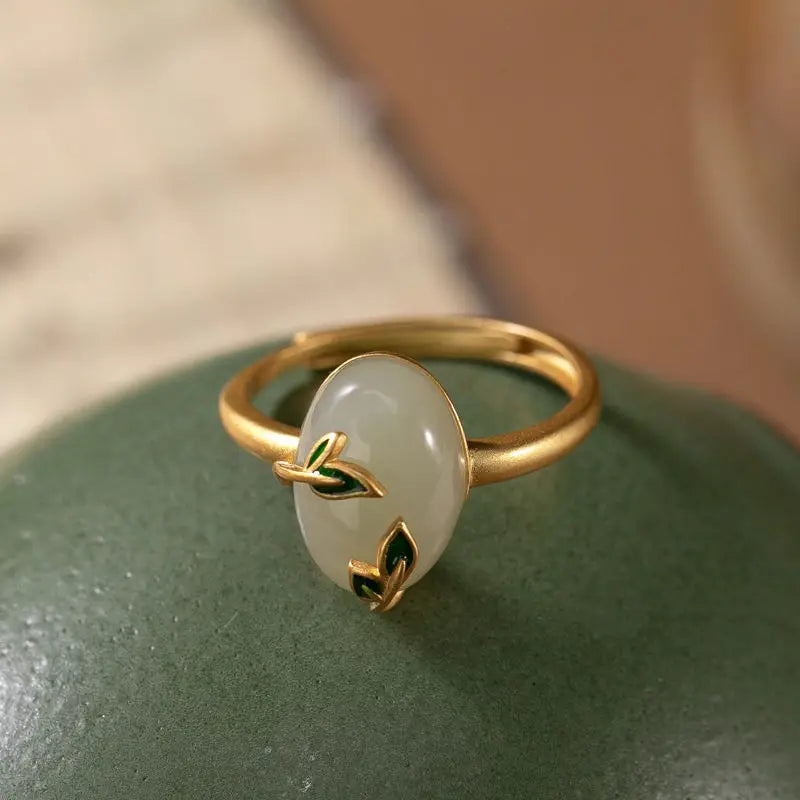 S925 Sterling Silver Gold Plated Cloisonne Natural Hetian Jade Bamboo Leaf Peace Buckle Ring Elegant and Ethnic Style Retro