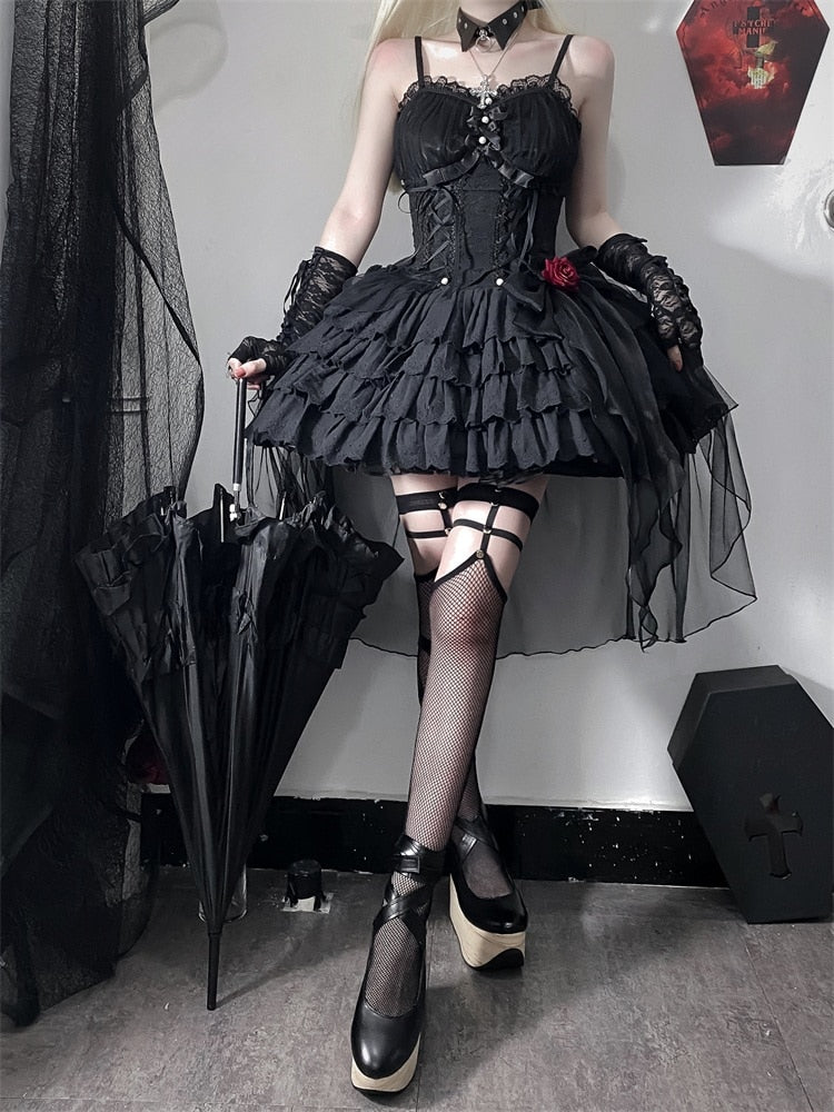 Gothic Lolita Jsk Dress Women Cute Bow Lace Rose