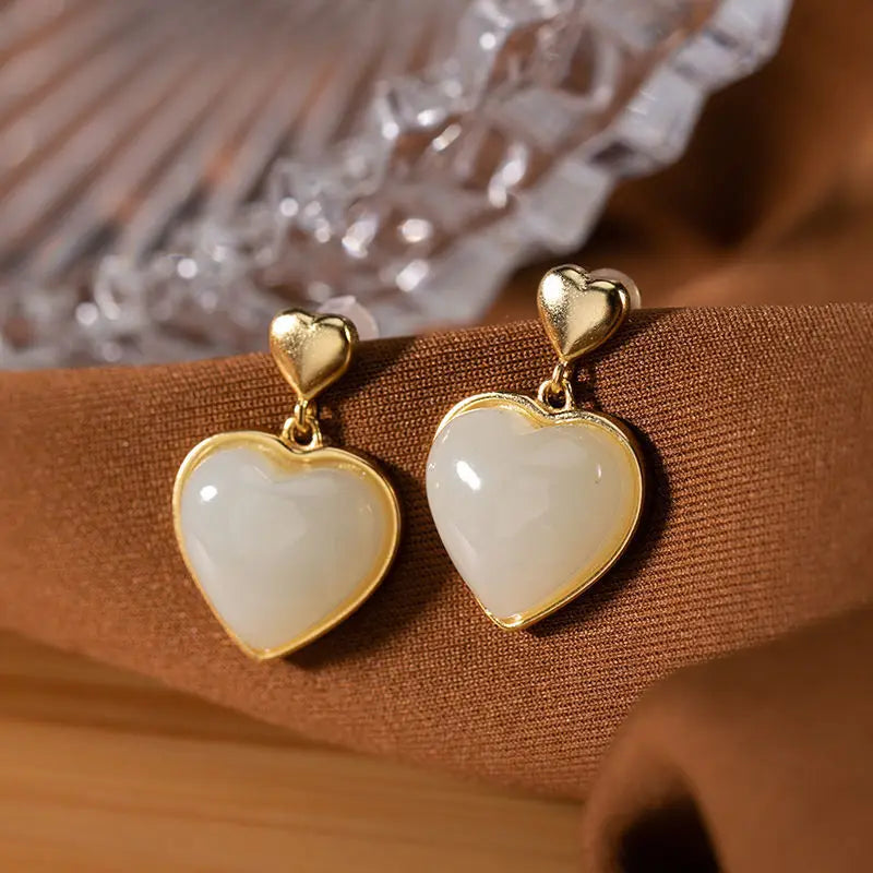 Romantic French Style Love Heart Earrings S925 Sterling Silver Gold Plated Hetian White Jade Heart Shape Peach Heart Stud Earrin