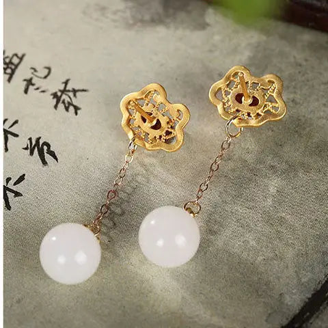 S925 Silver Natural Hetian White Jade Ball Bead Earrings Women's Long and Simple Ruyi Earrings Xiangyun Earrings Fashion