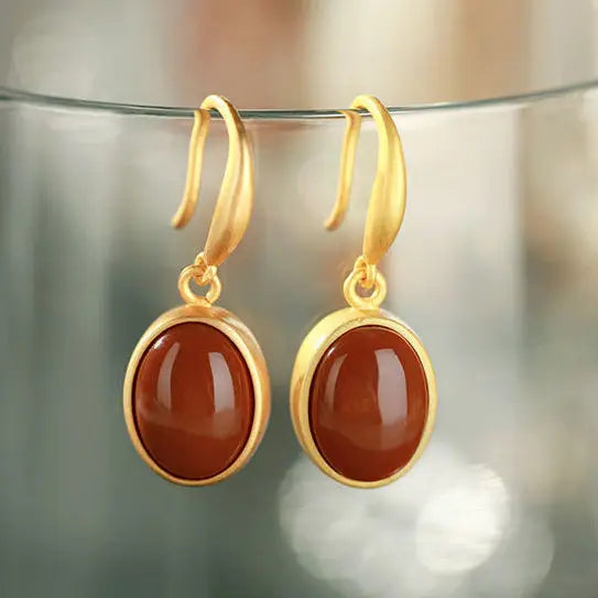 S925 Sterling Silver Inlaid Natural South Red Agate Fashion Personality Oval Retro Classic Gold Earrings Jewelry Women